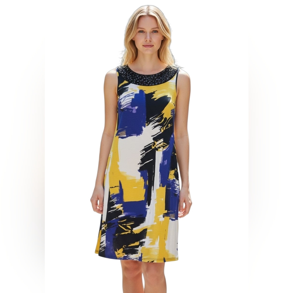 Peter Nygard Silk Chic Abstract Dress with Black Beads Collar. Large.